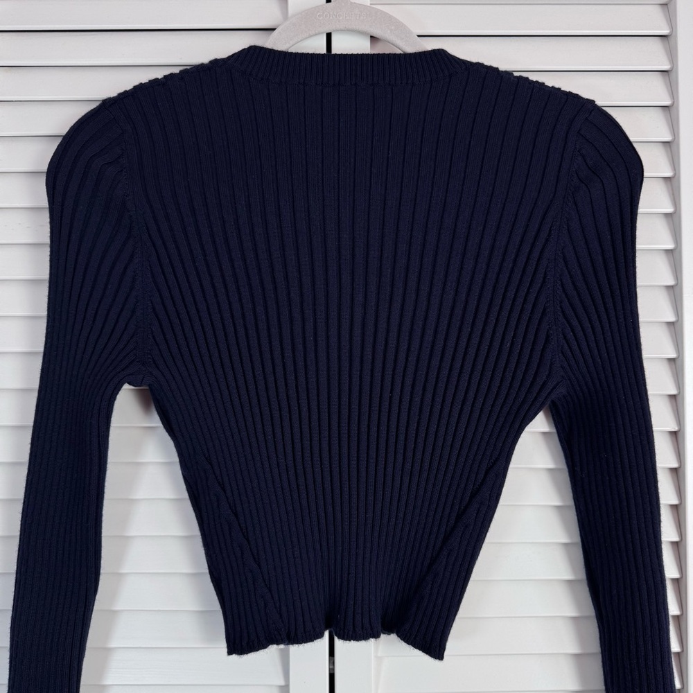 Jason Wu Ribbed Knit Wool Cropped Crew Neck Sweater Top Slim Fit Navy Size Large - Picture 7 of 9
